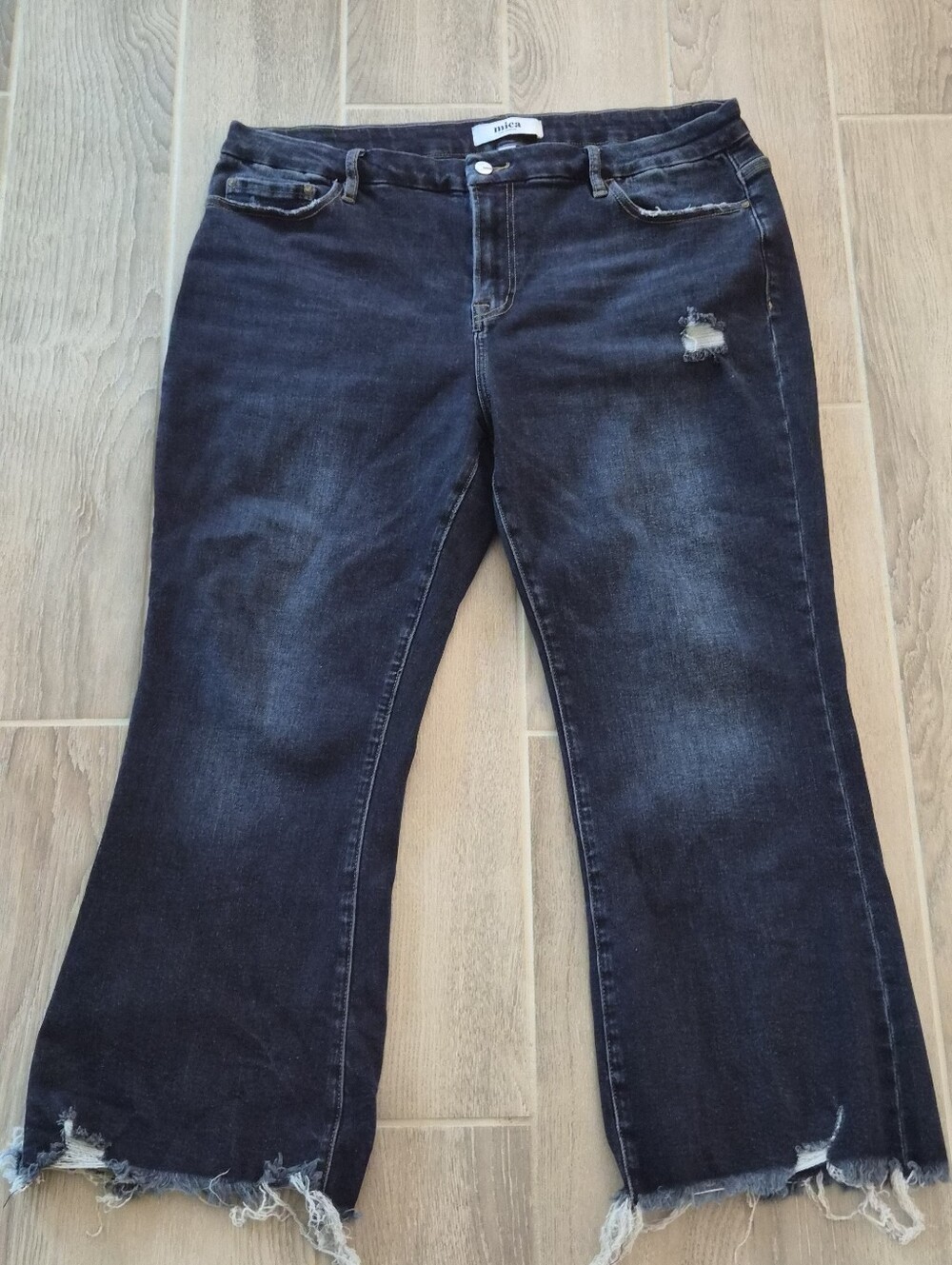 Mica Los Angeles Distressed Raw Hem Flare Crop Jeans Womens Plus 16W Dark Wash